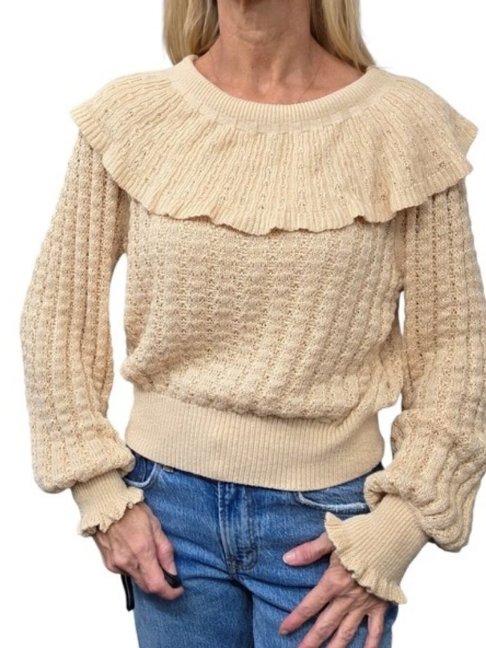 Free People Crazy in Love Linen Ruffle Sweater Cream L